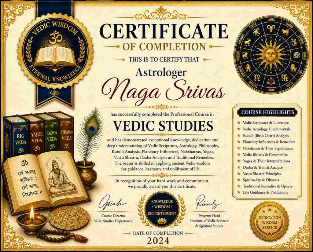 Certificate of Completion awarded to Astrologer Naga Srivas for successfully completing professional Vedic Studies, covering Vedic scriptures, astrology, Kundli analysis, planetary influences, Nakshatras, Vastu, Yogas, Dasha analysis, spirituality, and traditional remedies.