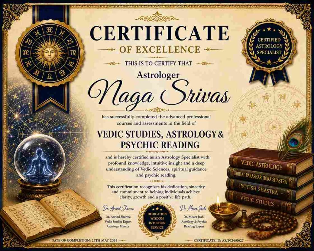 Certificate of Excellence awarded to Astrologer Naga Srivas for advanced training in Vedic Studies, Astrology, Kundli Analysis, and Psychic Reading.